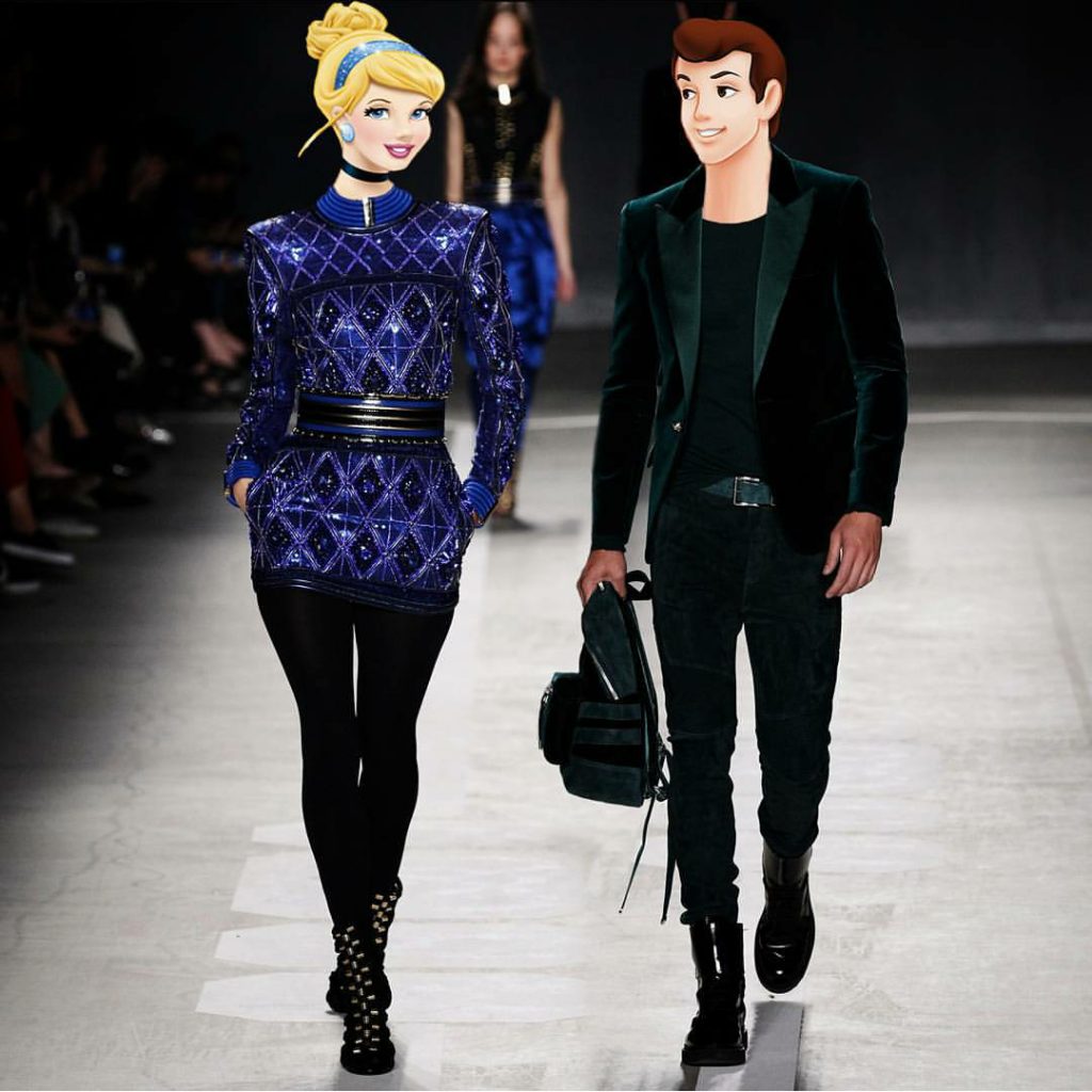 Cinderella as Alessandra Ambrosio & Prince Charming as Francisco Lachowski for BALMAIN x H&M Runway show. 