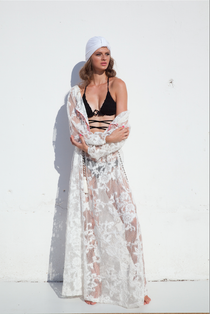 white lace caftan & black bikini