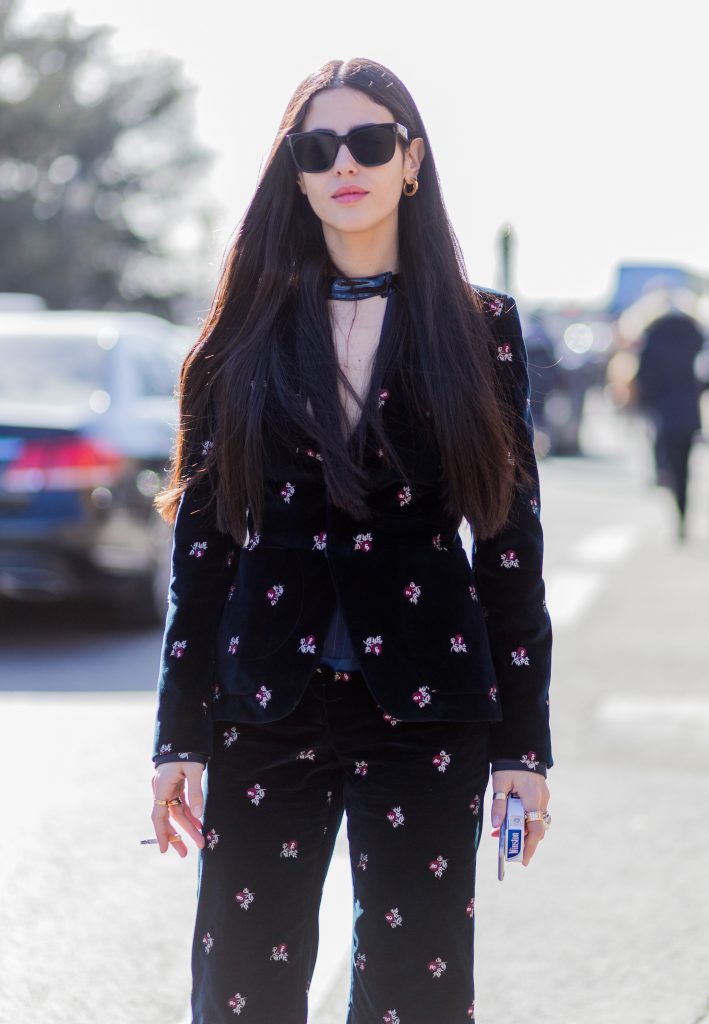 PARIS, FRANCE - MARCH 02: Gilda Ambrosio wearing a black velvet suit outside Maison Margiela during the Paris Fashion Week Womenswear Fall/Winter 2016/2017 on March 2, 2016 in Paris, France. (Photo by Christian Vierig/Getty Images)