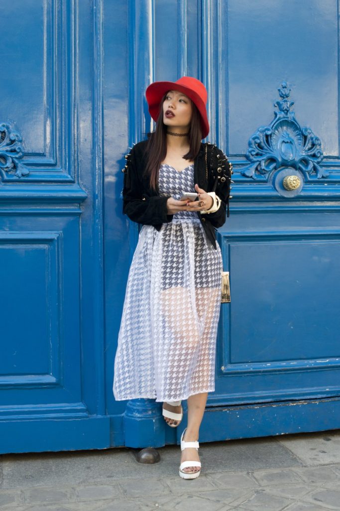 PARIS, FRANCE - OCTOBER 1: Fashion Blogger Thythy Nguyen wears a vintage jacket, Rare London dress, Topshop shoes and hat and a Max London bag on day 3 during Paris Fashion Week Spring/Summer 2016/17 on October 1, 2015 in London, England. (Photo by Kirstin Sinclair/Getty Images)