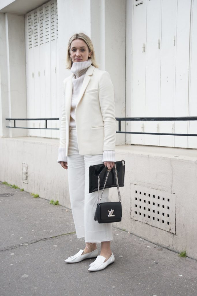 PARIS, FRANCE - MARCH 6: Freelance fashion writer Tilly Macalister-Smith wears Joseph sweater, Current Elliott trousers, Raey jacket, Celine shoes and Louis Vuitton bag on day 6 during Paris Fashion Week Autumn/Winter 2016/17 on March 6, 2016 in Paris, France. (Photo by Kirstin Sinclair/Getty Images)*** Local Caption *** Tilly Macalister-Smith