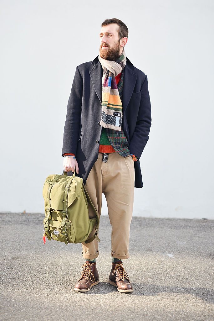 MILAN, ITALY - JANUARY 18: Alessandro Giorgi poses wearing a Fay coat, Redwings shoes and Herschel backpack during the Milan Men's Fashion Week Fall/Winter 2016/17 on January 18, 2016 in Milan, Italy. (Photo by Vanni Bassetti/Getty Images)